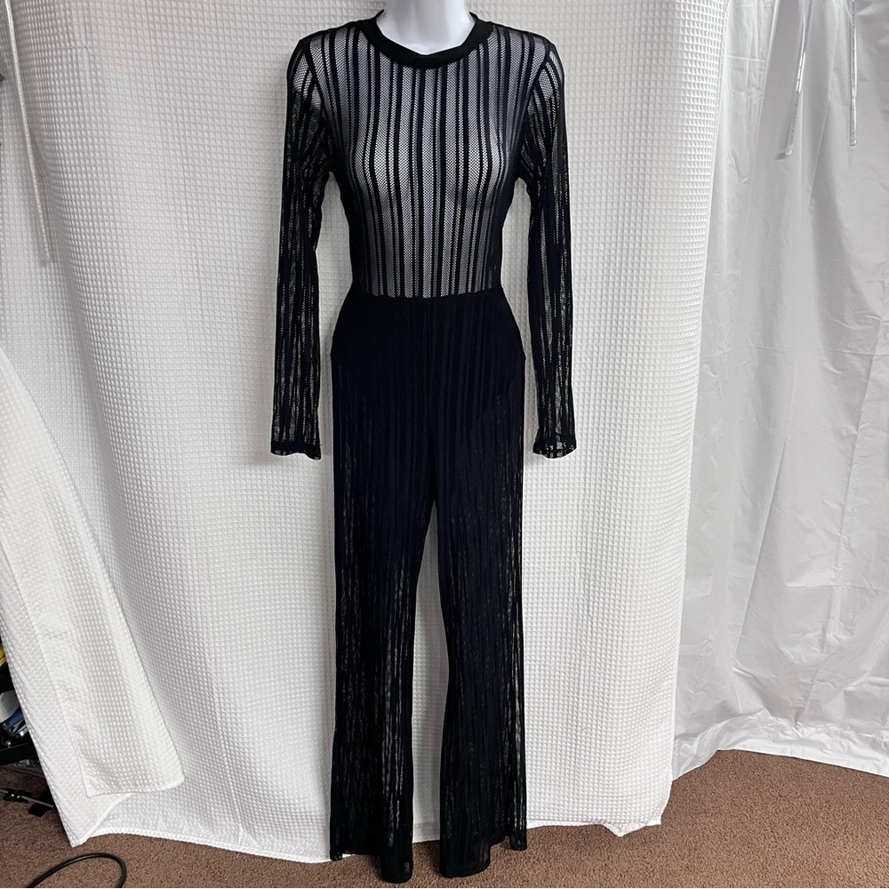 Auditions ladies Black Sheer Striped Jumpsuit size large